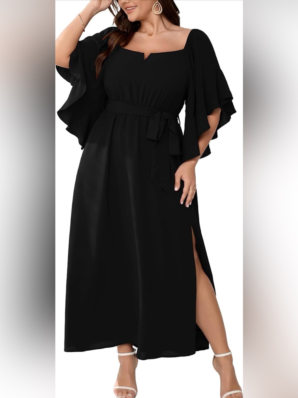 4x Black Ruffle Sleeve Wrap Maxi Dress